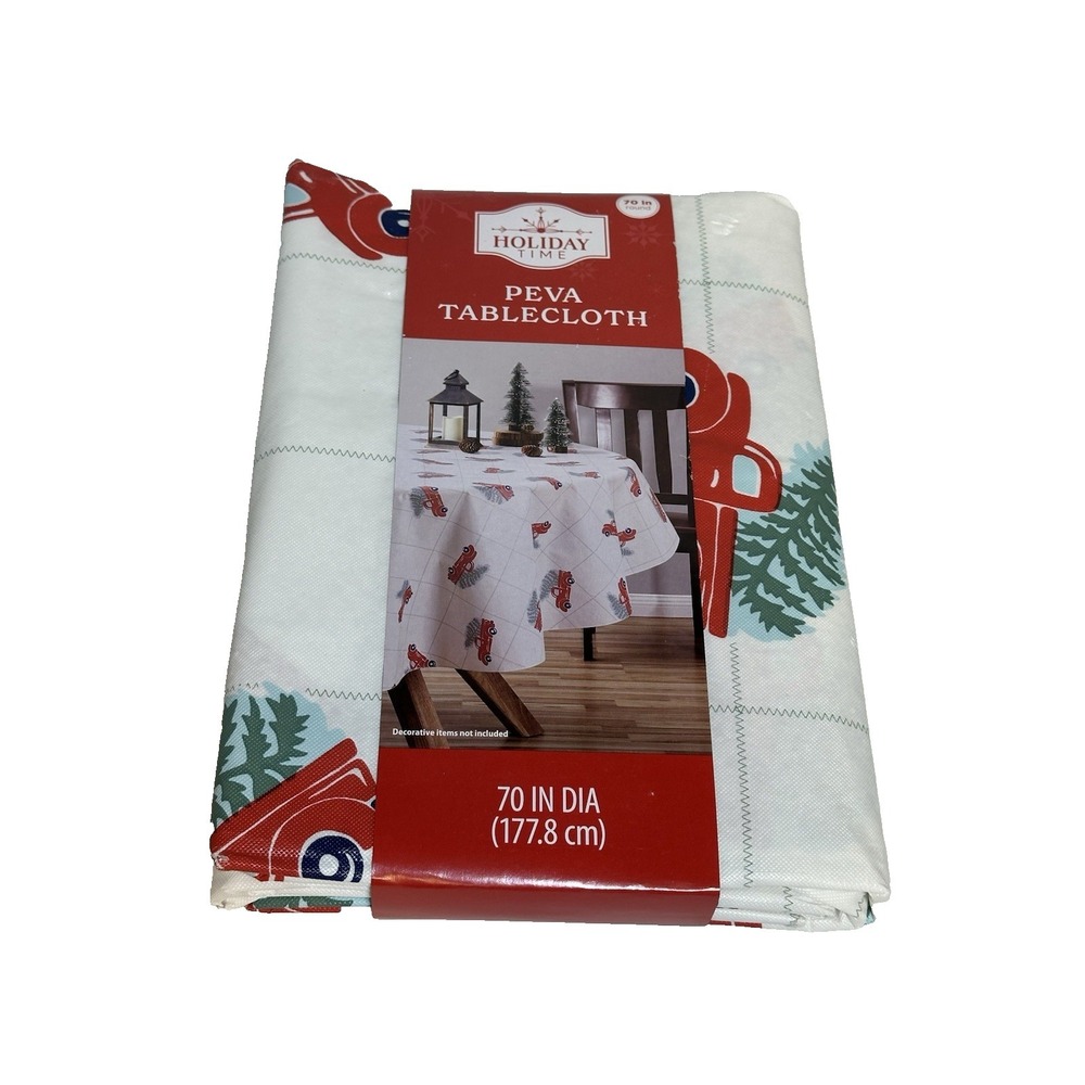 HOLIDAY TIME peva plastic tablecloth ROUND 70 IN christmas‎ truck
